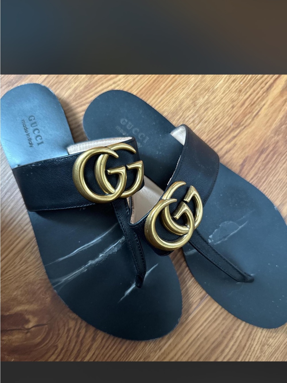 Gucci Flat Marmont Leather Thong- Black Sandal Thong Slide - Picture 2 of 4